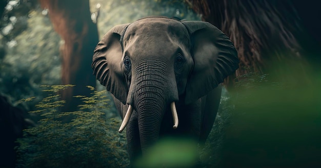 Retrato de um elefante caminhando por uma selva verde exuberante