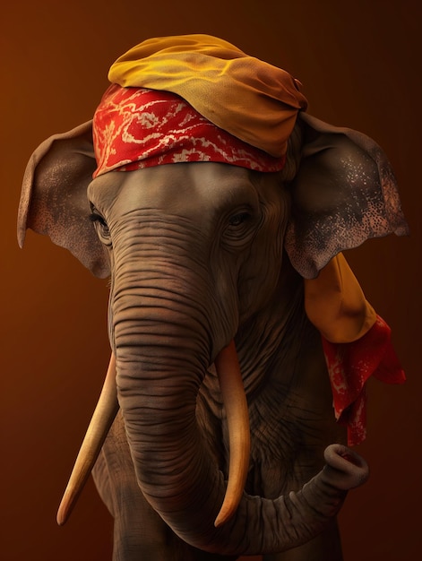 Retrato de um elefante com uma bandana na cabeça