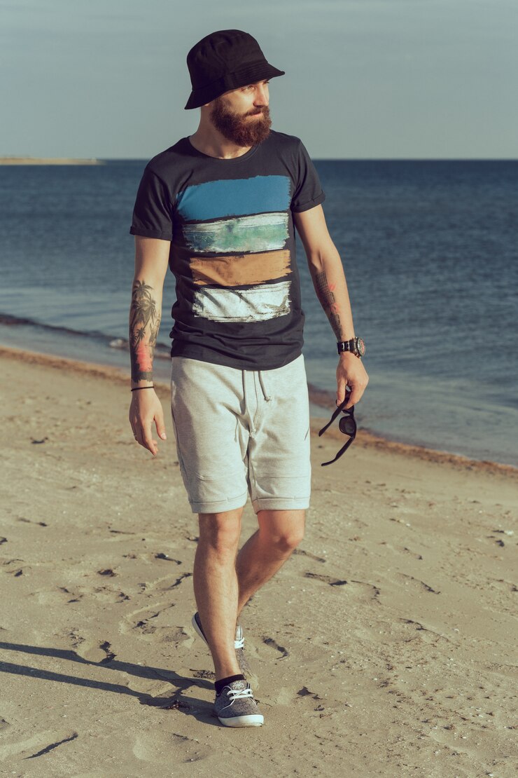 Foto retrato, de, um, elegante, excitado, homem jovem, ligado, um, de, a, mar
