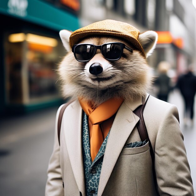 retrato de um elegante homem hipster vestindo um terno de pele com óculos de sol e chapéu posando na rua p