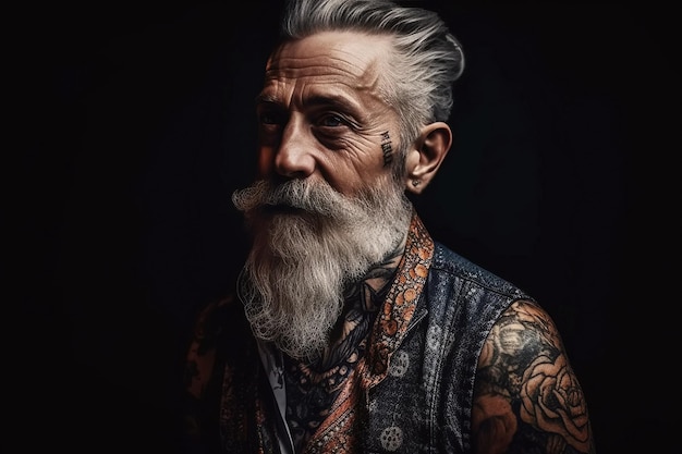 Retrato de um elegante velho barbudo aposentado em tatuagens em fundo preto generative ai