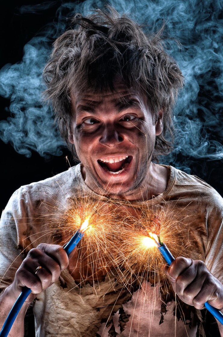Foto retrato de um eletricista louco sobre fundo preto