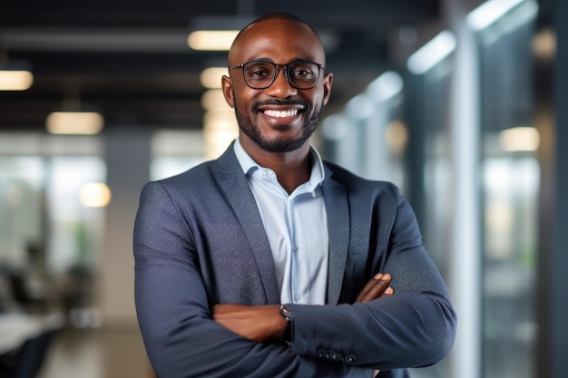 Foto retrato de um empresário africano de sucesso com os braços cruzados de pé no cargo