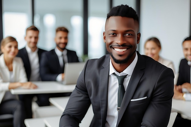 Retrato de um empresário afro-americano sorridente de pé com os braços cruzados