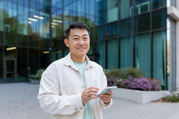 Retrato de um empresário asiático bem-sucedido em roupas casuais, homem com telefone nas mãos, sorrindo e