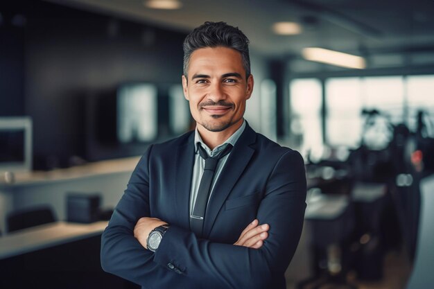 Foto retrato de um empresário de pé com os braços cruzados em um edifício de escritórios moderno