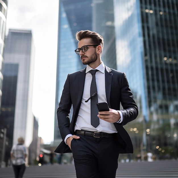 Retrato de um empresário de sucesso vestindo terno em pé usando smartphone