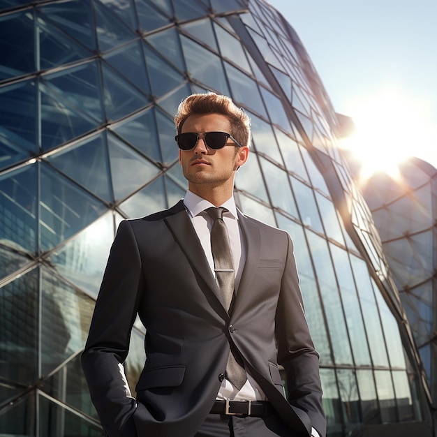 Retrato de um empresário de sucesso vestindo terno em pé usando smartphone