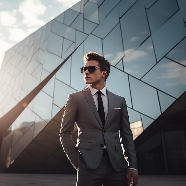 Retrato de um empresário de sucesso vestindo terno em pé usando smartphone