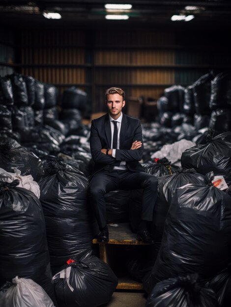 Retrato de um empresário em ambiente industrial com sacos de lixo