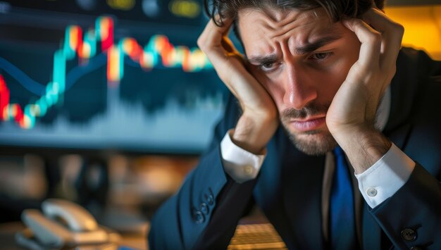 Foto retrato de um empresário estressado sentado na frente de um monitor de computador com um gráfico do mercado de ações