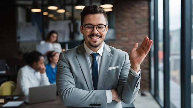 Foto retrato de um empresário feliz de terno cinzento e óculos elogiando o bom trabalho