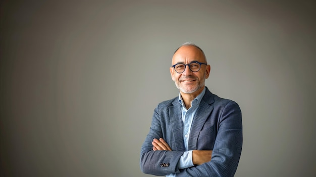 Foto retrato de um empresário sênior com os braços cruzados olhando para o espaço de cópia da câmera