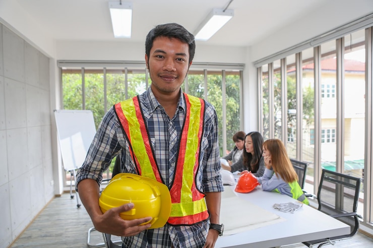 Foto retrato de um empresário sorridente de pé em frente a colegas de trabalho na sala de conferências do escritório