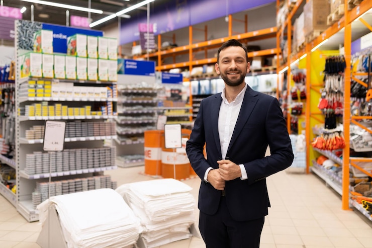 Foto retrato de um empresário sorridente no supermercado