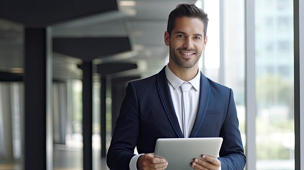 Retrato de um empresário sorridente segurando um tablet digital enquanto está perto de uma janela no escritório