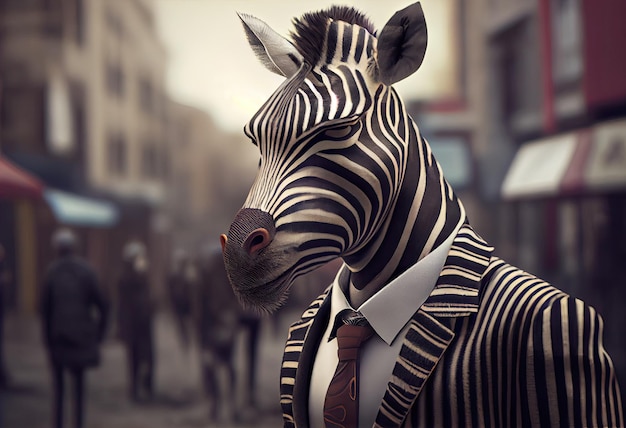 Retrato de um empresário zebra antropomórfico perambulando pelas ruas da cidade Gerar Ai