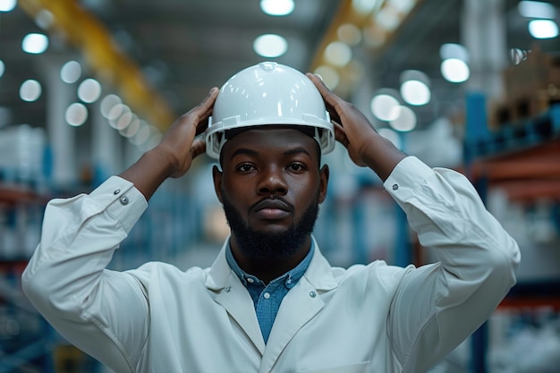 Retrato de um engenheiro afro-americano bem-sucedido vestindo um chapéu branco