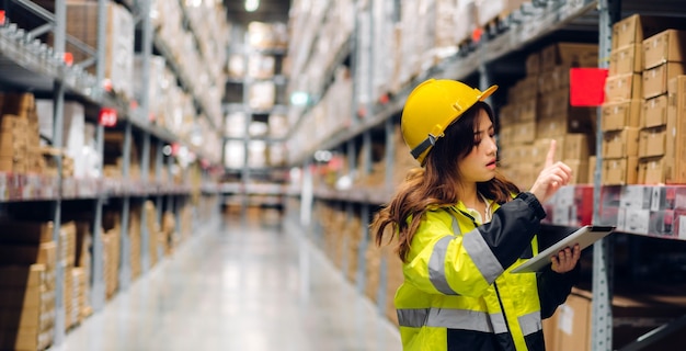 Retrato de um engenheiro asiático sorridente em detalhes de pedido de mulher de capacetes no computador tablet para verificação de produtos e suprimentos nas prateleiras