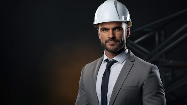 Foto retrato de um engenheiro com um capacete com planos de construção