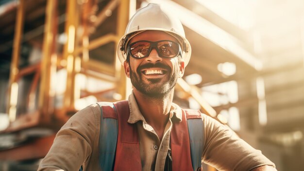 Foto retrato de um engenheiro de construção sorrindo no canteiro de obras generative ai