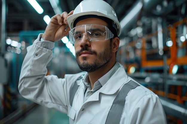 Retrato de um engenheiro hispânico bem-sucedido vestindo um chapéu branco em uma fábrica de manufatura eletrônica Especialista em indústria pesada pensando em projetos de tecnologia avançada na produção