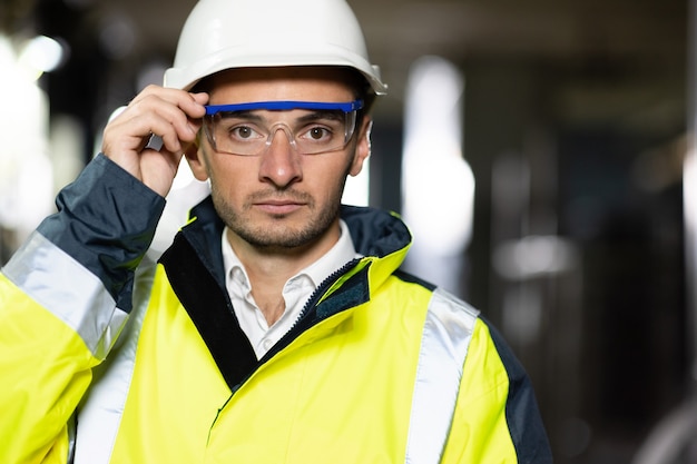 Foto retrato de um engenheiro profissional ou trabalhador usando uniforme de segurança e capacete de trabalhador ecológico