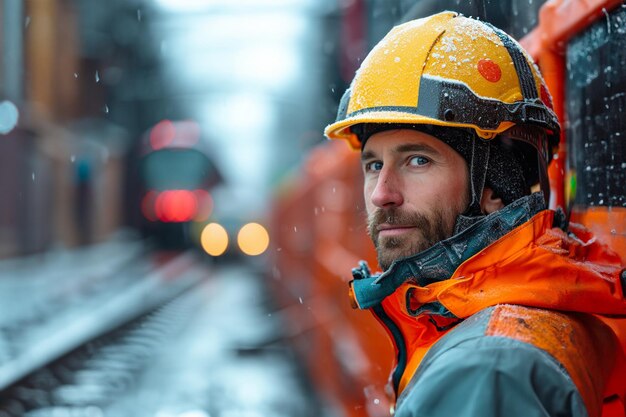 Retrato de um engenheiro sênior com um chapéu duro na ferrovia