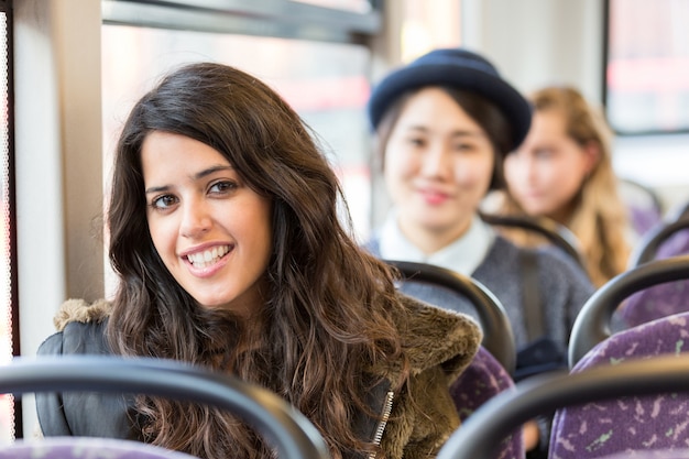 Retrato, de, um, espanhol, mulher, ligado, um, autocarro