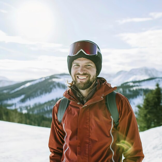 Foto retrato de um esquiador sorridente com montanhas de neve ao fundo