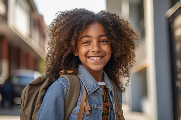Retrato de um estudante afro-americano pronto para o primeiro dia de aula usando uma mochila e posando com um grande sorriso IA generativa