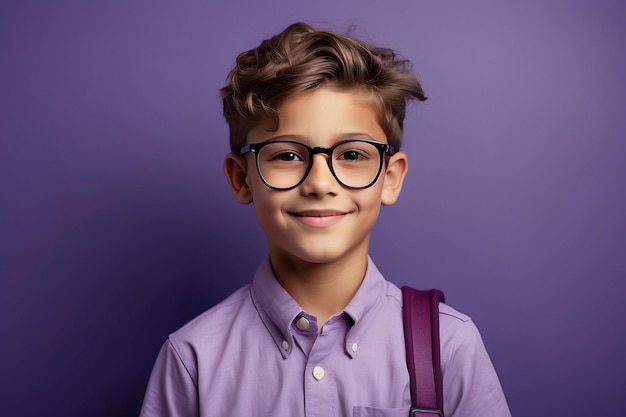 Retrato de um estudante de óculos com uma mochila olhando para a câmera em um fundo roxo