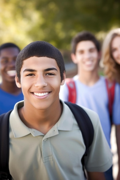 retrato de um estudante sorridente do lado de fora com seus amigos criado com IA generativa