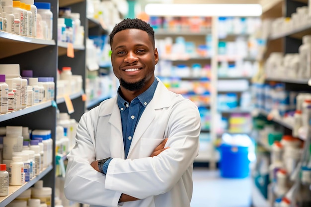 Retrato de um farmacêutico africano confiante em uma bata de laboratório cruzando os braços em uma farmácia