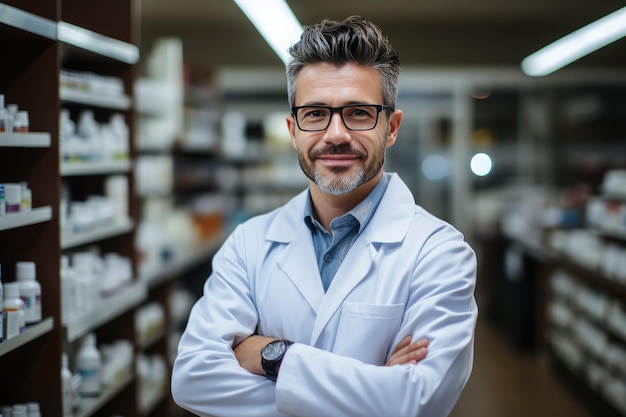 Foto retrato de um farmacêutico em uma farmácia farmácia com prateleiras de produtos de cuidados de saúde