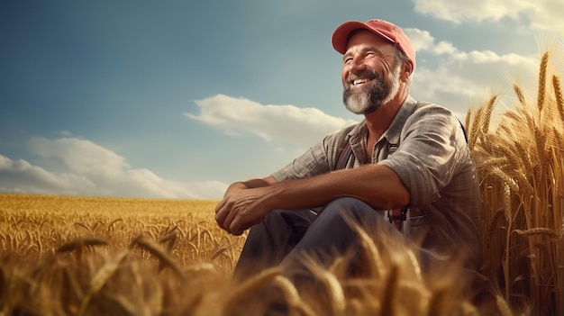 Retrato de um fazendeiro contra o pano de fundo de seus campos