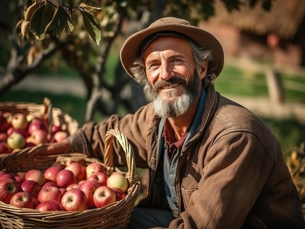 Foto retrato de um fazendeiro de 40 anos orgulhosamente batendo uma cesta cheia de maçãs vermelhas saborosas recém colhidas