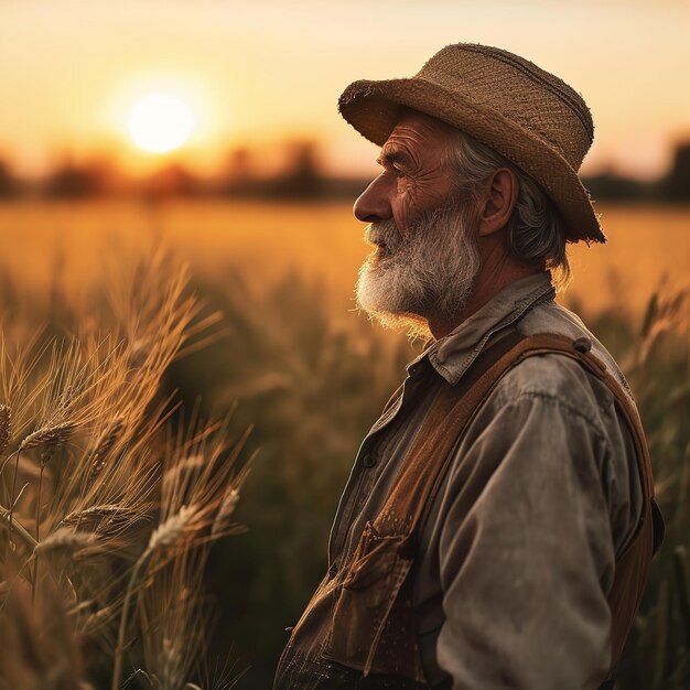 Retrato de um fazendeiro de pé no campo de trigo Ai generative