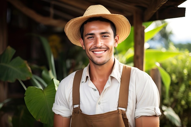 Foto retrato de um fazendeiro feliz de pé na fazenda