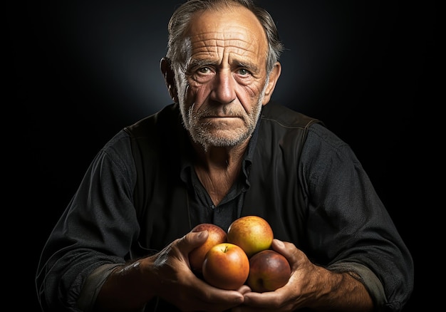 Foto retrato de um fazendeiro idoso em sua cozinha rústica com uma maçã alimentação e vida saudável