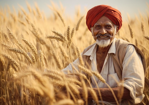 Retrato de um fazendeiro indiano feliz e maduro em um campo de trigo ao pôr do sol