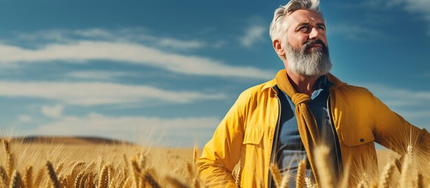 Retrato de um fazendeiro sênior no campo de trigo dourado durante o nascer do sol da manhã