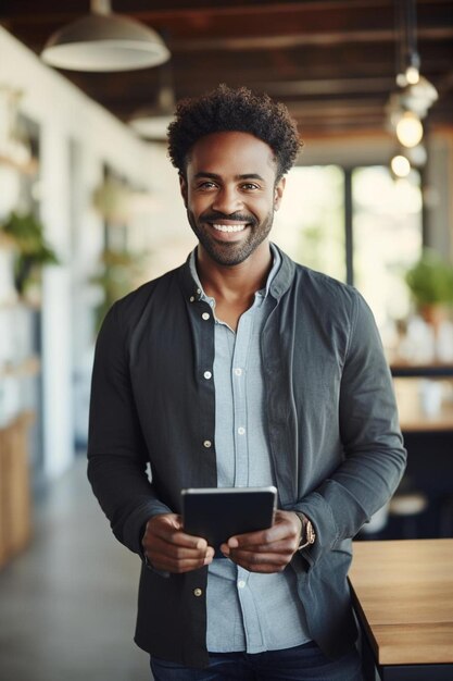 Foto retrato de um feliz empresário afro-americano usando um tablet em um escritório criativo