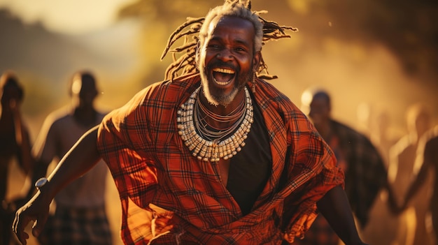 Retrato de um feliz homem Maasai africano com dreadlocks dançando