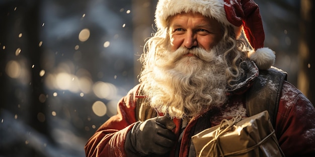 retrato de um feliz Papai Noel no inverno na floresta Cartão de Natal e Ano Novo