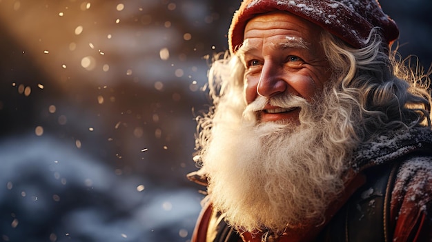 retrato de um feliz Papai Noel no inverno na floresta Cartão de Natal e Ano Novo