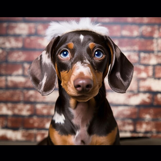 Retrato de um filhote de cachorro de salsicha bonito usando um chapéu de papai noel