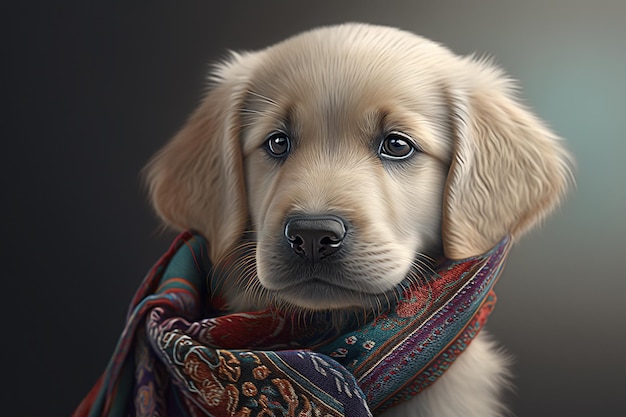 Retrato de um filhote de golden retriever com um cachecol multicolorido em um fundo escuro Generative AI