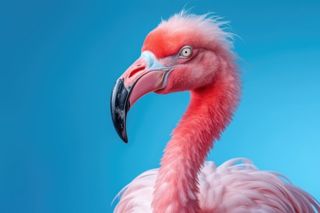 Foto retrato de um flamingo rosa de perfil sobre um fundo azul