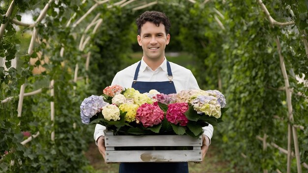 Foto retrato de um florista masculino segurando as coloridas flores de hortênsia em uma caixa